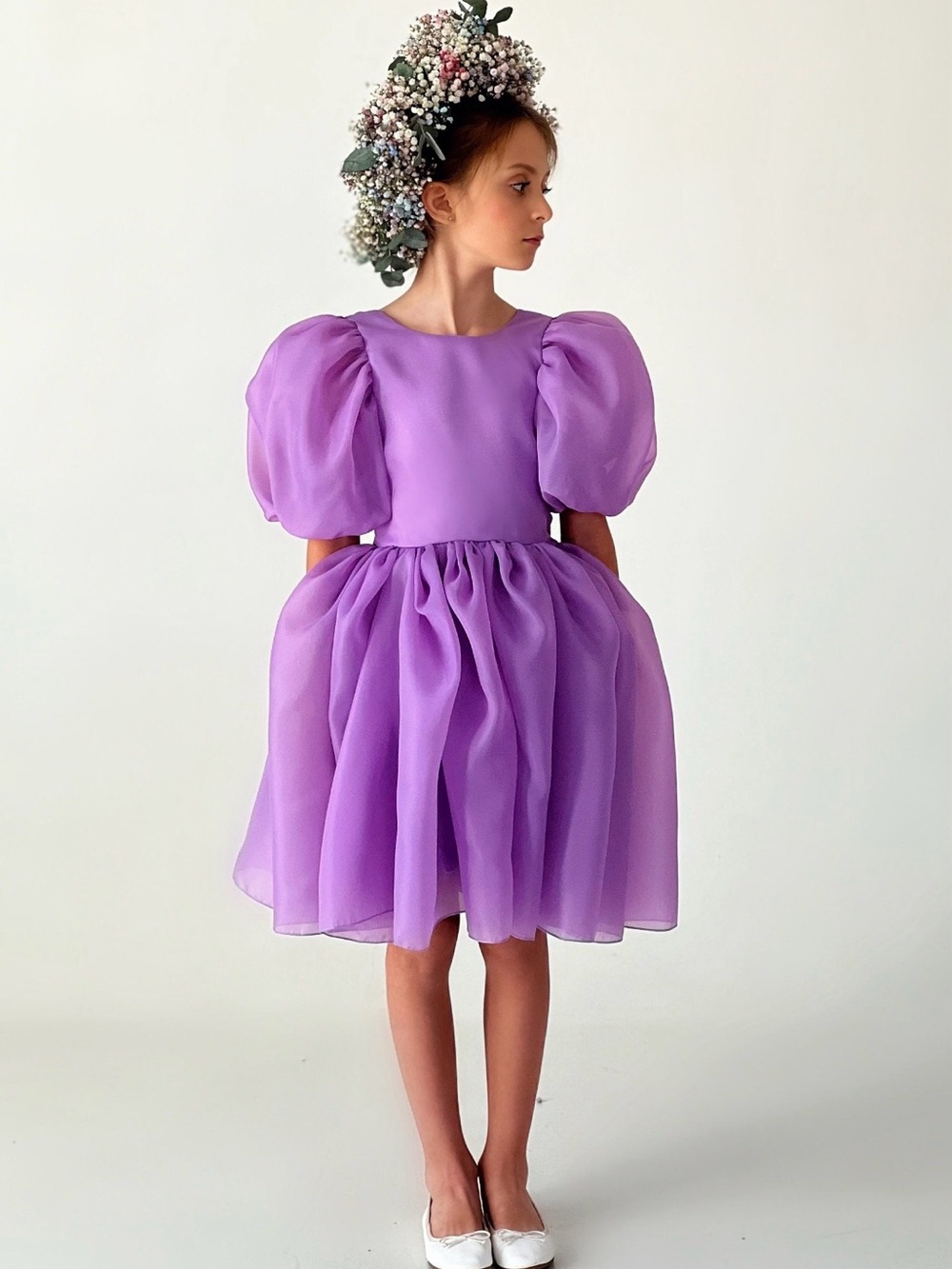 Lilac Puff-Sleeve Tulle Party Dress